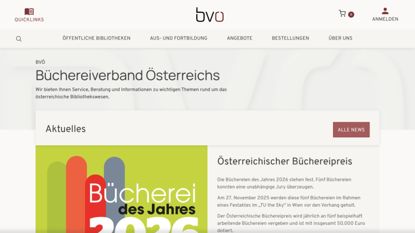 Website of Austrian Library Association with navigation bar and featured section on Austrian Library Award 2026