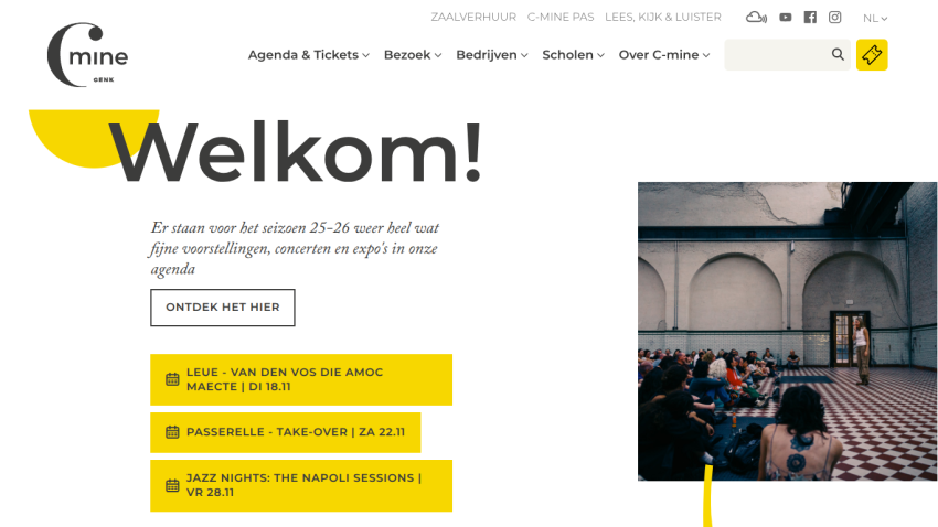 Welcome message with upcoming event dates and a photo of a speaker addressing an audience in a hall