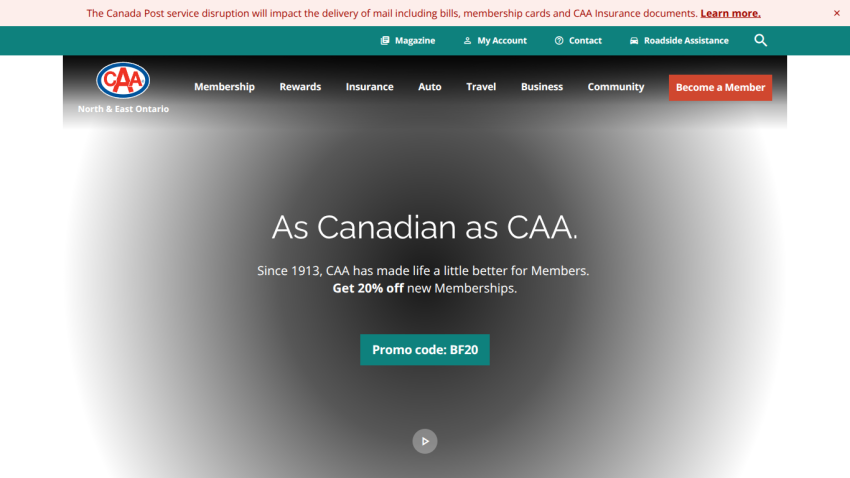 CAA North & East Ontario homepage with membership promo offering 20% off and promo code BF20