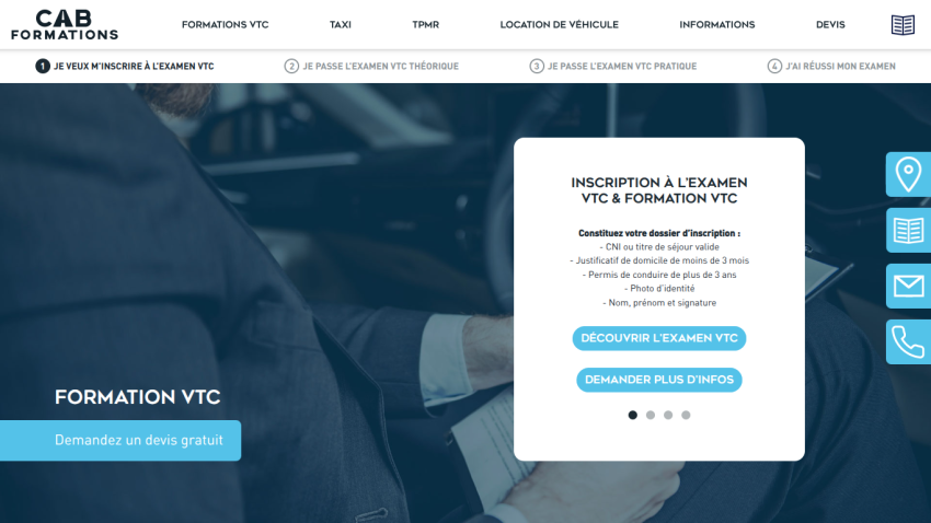 Website for CAB Formations offering VTC exam registration and training with steps and document requirements