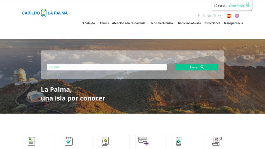 Government site for La Palma island with navigation menu and search bar over a scenic mountain background