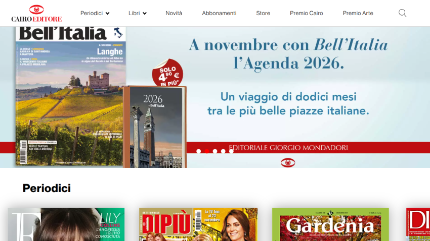 Cairo Editore homepage featuring Bell'Italia magazine and 2026 agenda promotion with navigation menu