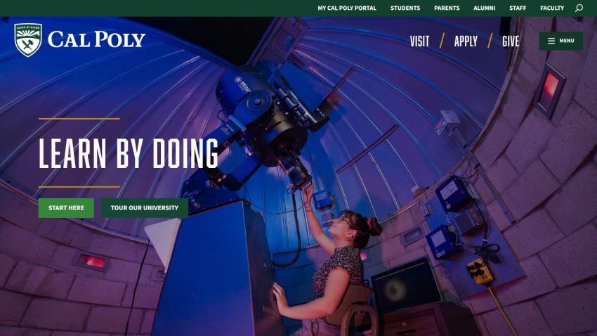 Cal Poly homepage featuring a student using a telescope with 'Learn by Doing' text.