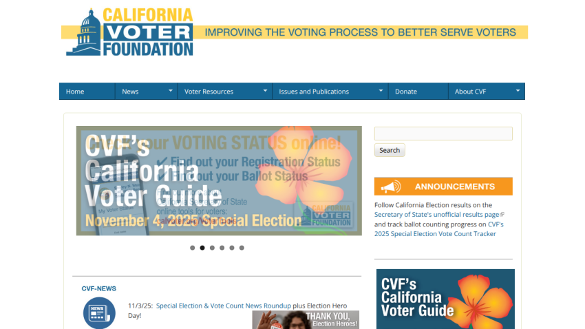 California Voter Foundation homepage with navigation menu, announcement of November 4, 2025 Special Election voter guide, and election result links