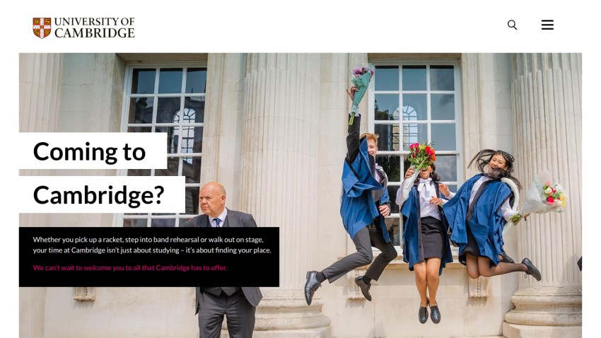 University of Cambridge homepage featuring students celebrating with text about coming to Cambridge.