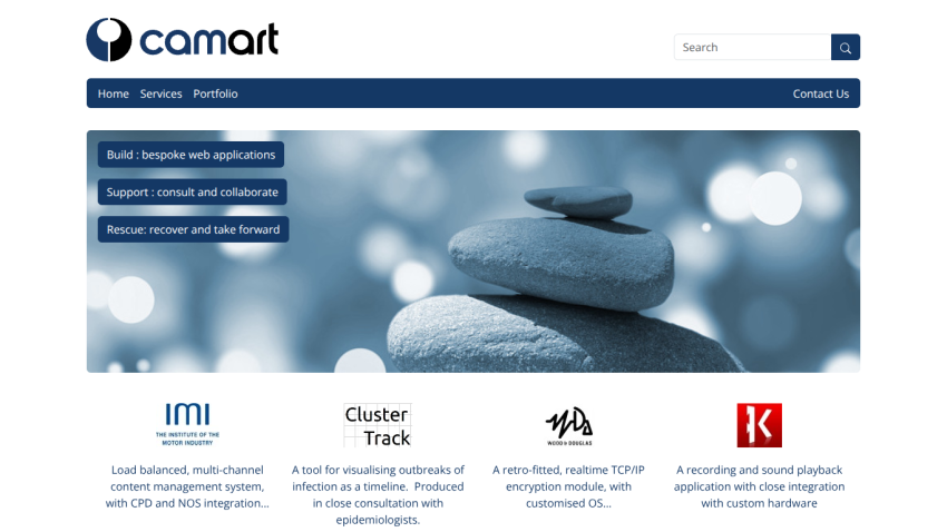 Camart website offering bespoke web applications, consulting, and recovery services with client logos and descriptions