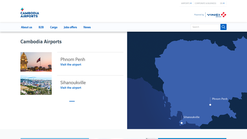 Cambodia Airports homepage with navigation links, airport listings for Phnom Penh and Sihanoukville, and a map showing their locations