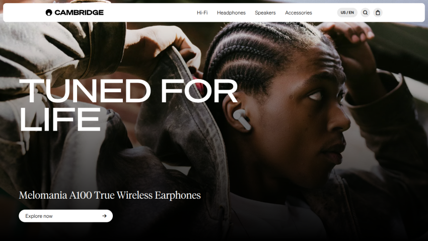 Homepage featuring 'TUNED FOR LIFE' and product details for wireless earphones.