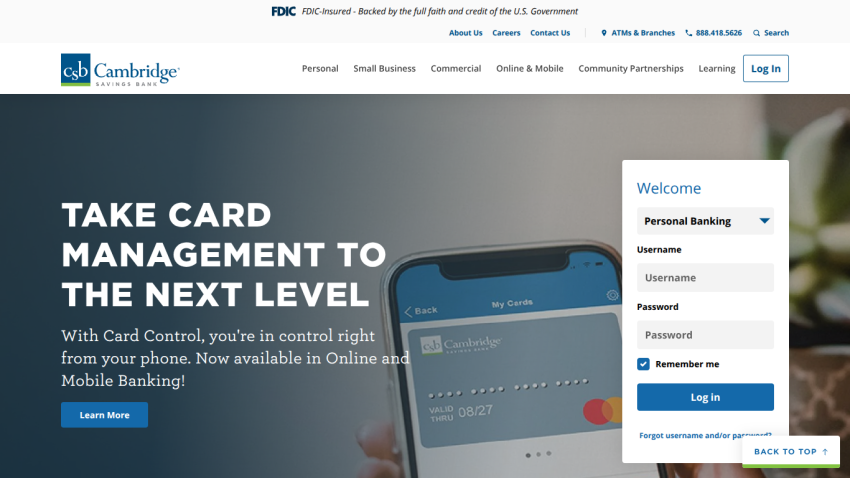 Cambridge Savings Bank homepage with card management promotion and personal banking login form