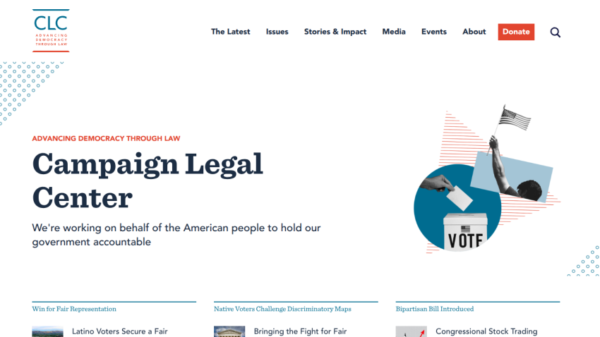 Campaign Legal Center homepage featuring mission statement and navigation links.