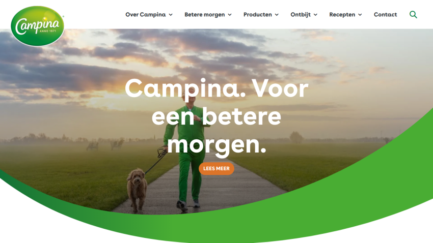 Campina website top section with navigation and headline 'Campina. Voor een betere morgen.' over a man walking a dog at sunrise