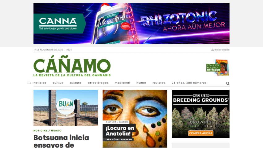 CÁÑAMO cannabis culture magazine homepage with news articles, navigation menu, and cannabis-related ads