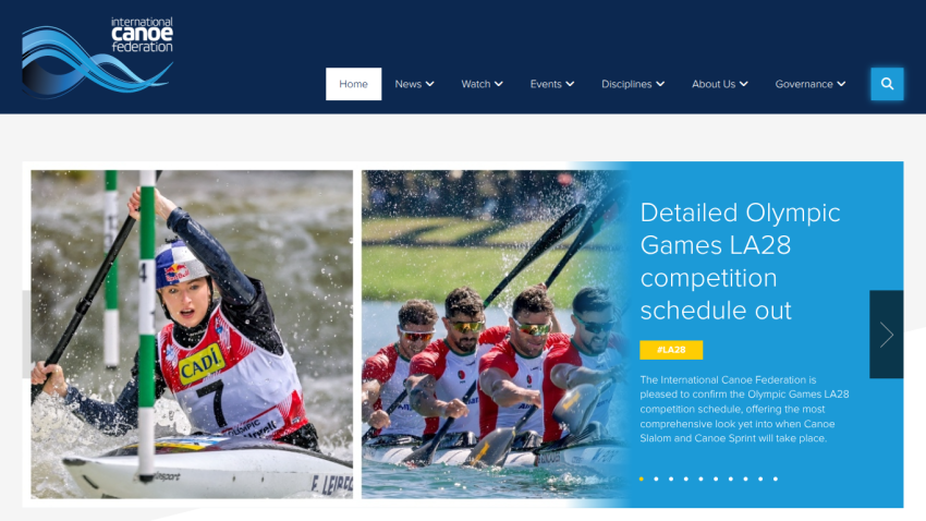 Canoe Kayak Canada homepage with Olympic kayaking images and announcement of LA28 competition schedule
