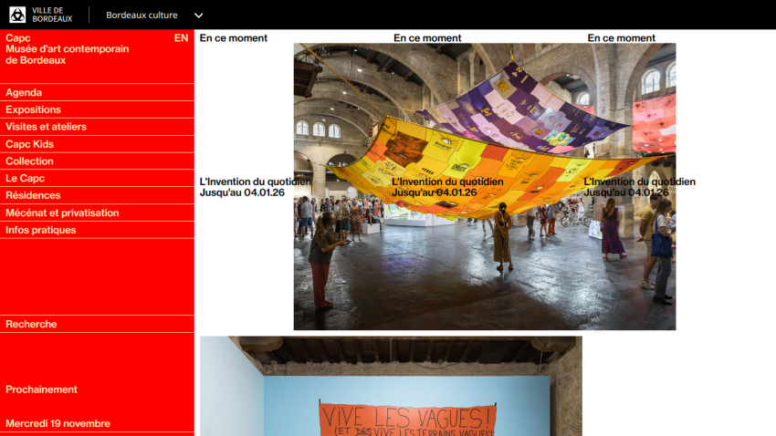 Contemporary art museum Bordeaux website with navigation menu and current exhibition 'L'Invention du quotidien'
