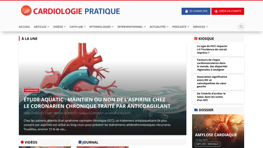 Cardiologie Pratique homepage featuring a highlighted article on aspirin use in chronic coronary patients and navigation menu in French