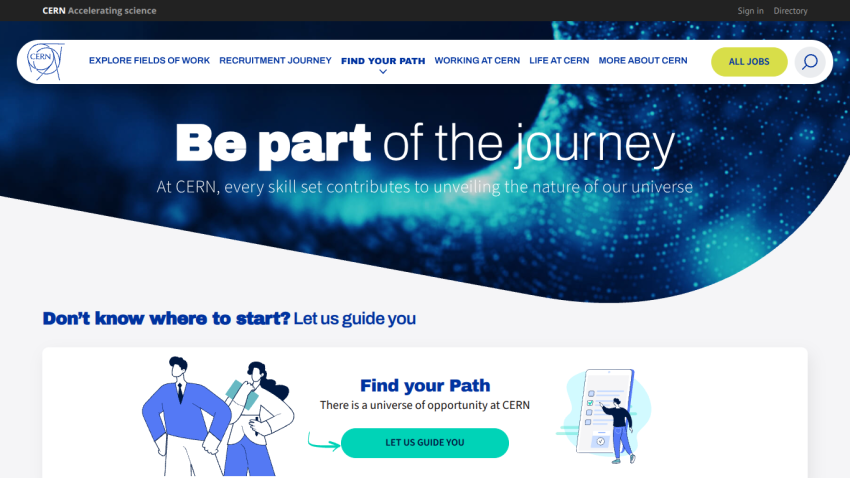 CERN careers page inviting users to be part of the journey with guidance to find their path and explore job opportunities