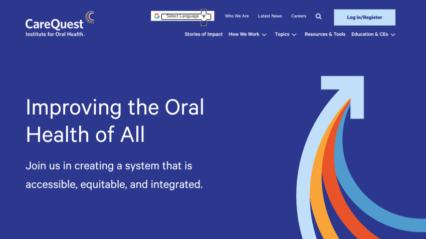 CareQuest Institute for Oral Health homepage with mission to improve oral health access and equity
