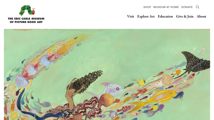 The Eric Carle Museum homepage with navigation links and a colorful underwater-themed illustration