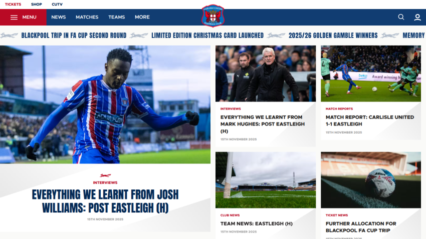 Carlisle United FC homepage with news articles on recent matches and interviews, dated 15th November 2025