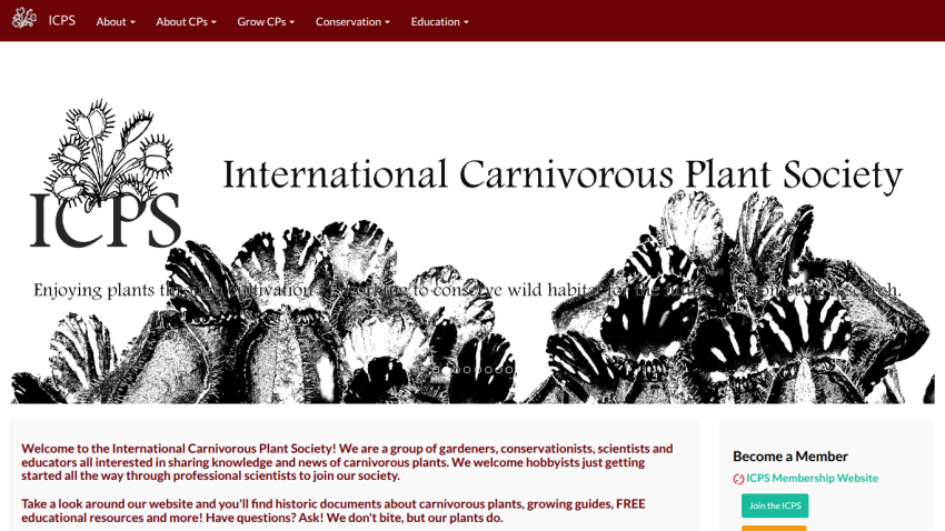 International Carnivorous Plant Society homepage with navigation and welcome message about carnivorous plants and membership