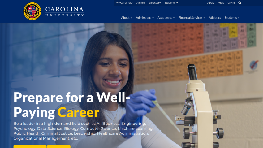 Carolina University homepage with a smiling student using a pipette and microscope, promoting well-paying careers in various fields