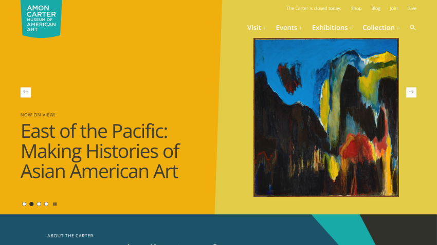 Amon Carter Museum homepage featuring exhibition 'East of the Pacific: Making Histories of Asian American Art' with navigation links and artwork image