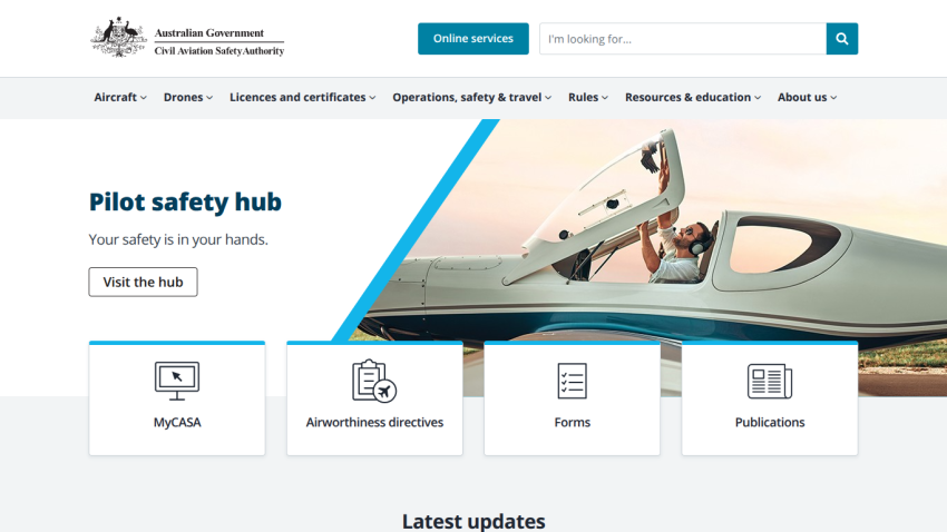 Pilot safety hub with key links for aircraft directives, forms, and publications.