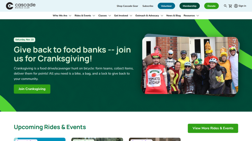 Cascade Bicycle Club homepage promoting Cranksgiving food drive event with call to action and group photo