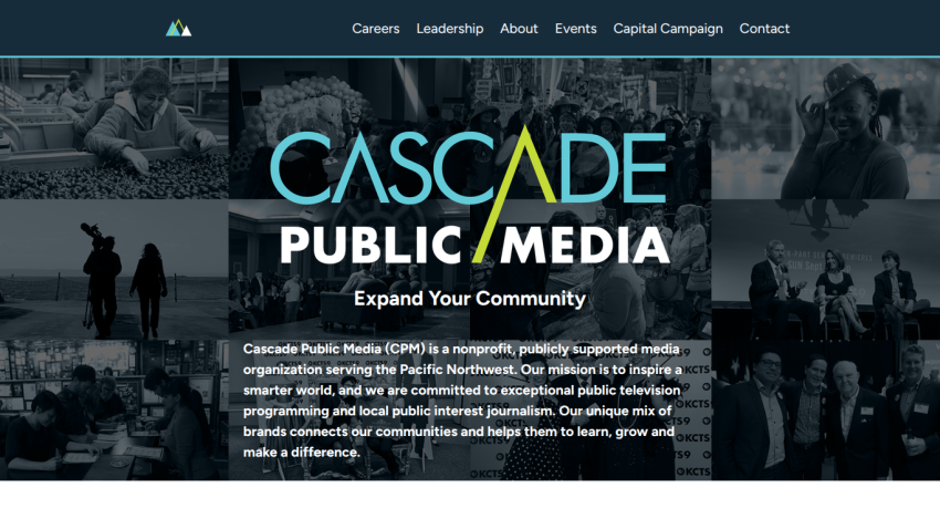 Cascade Public Media nonprofit mission statement with community images and navigation links
