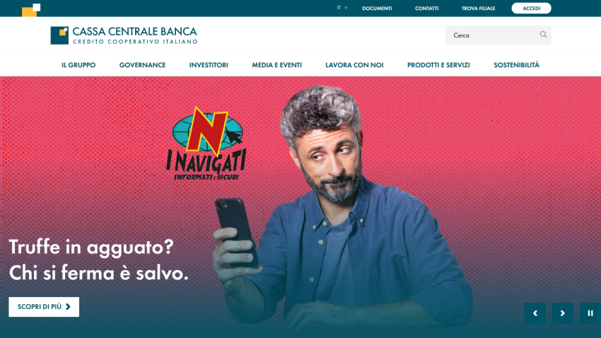 Cassa Centrale Banca homepage with navigation menu and hero section warning about scams with call to action button