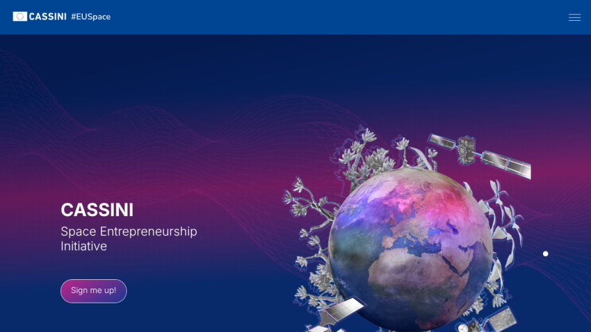 CASSINI Space Entrepreneurship Initiative with a sign-up button and a stylized Earth with satellites