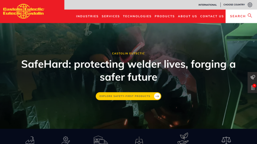 Castolin Eutectic homepage with headline about SafeHard protecting welder lives and a button to explore safety-first products