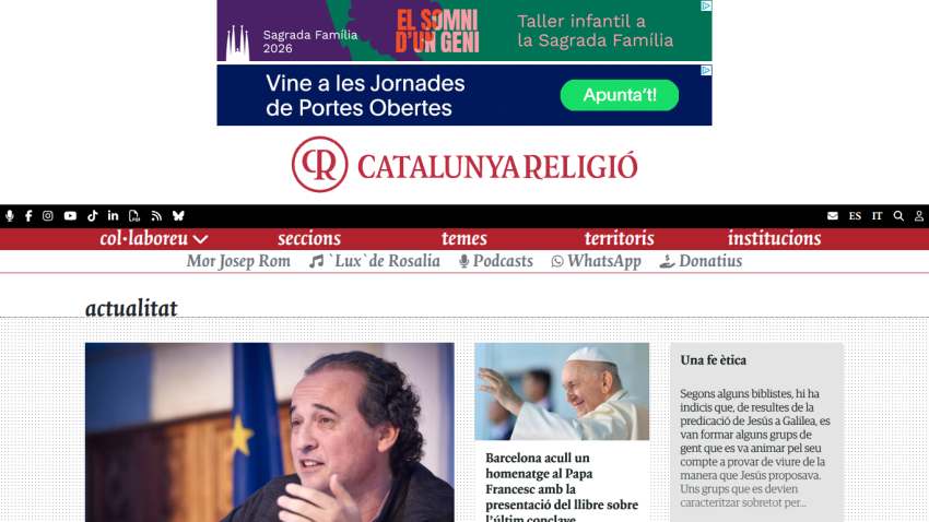 Catalunya Religió website showing news section with articles on Pope Francis and ethical faith, plus navigation menu.