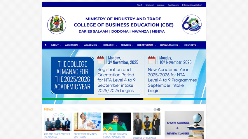 College of Business Education homepage with ministry logos, program details, and student images