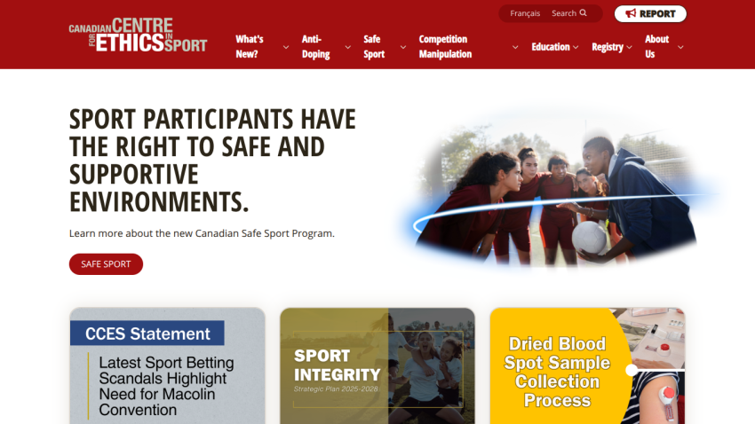 Canadian Centre for Ethics in Sport homepage promoting safe and supportive sport environments with navigation and key program highlights
