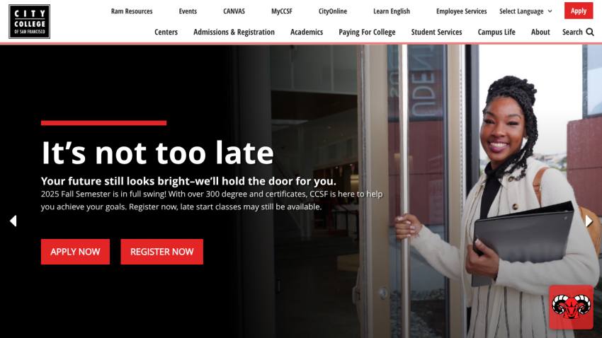 Promotional banner encouraging registration with a smiling student and key text about future opportunities.