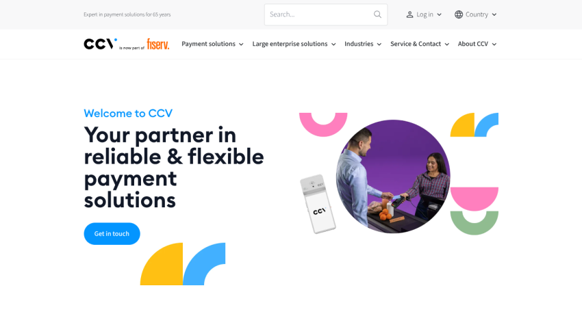 Homepage of CCV showcasing payment solutions with a welcoming message and vibrant visuals.