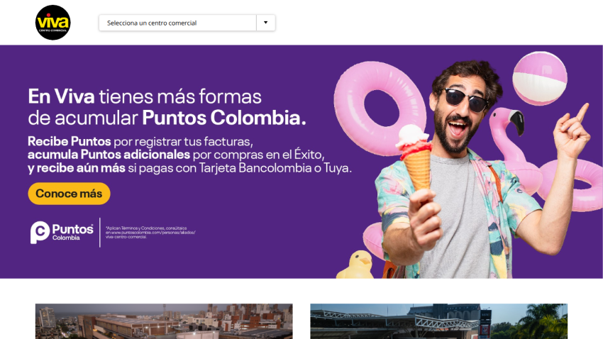 Viva Centro Comercial offers ways to accumulate Puntos Colombia with purchases and payments using specific cards