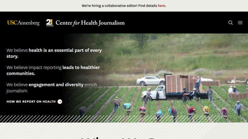 USC Annenberg Center for Health Journalism homepage with mission statements and farm workers in the hero image