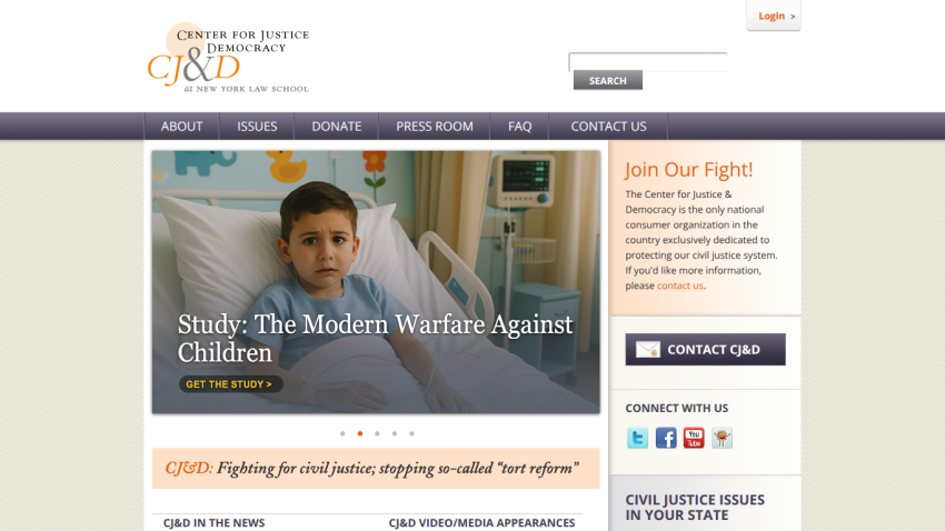 Center for Justice & Democracy homepage with navigation, hero image about modern warfare against children, and call to join the fight