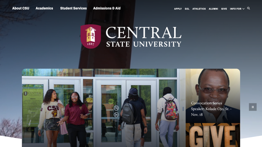 Central State University homepage with navigation menu and hero section showing students entering a building and convocation event details