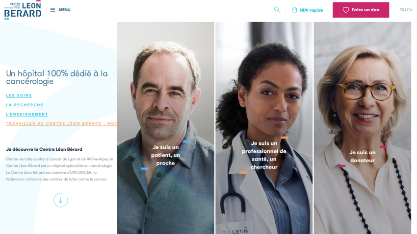 Homepage of Centre Léon Bérard cancer hospital with sections for patients, health professionals, and donors