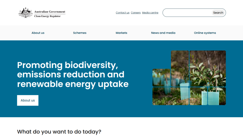 Australian Government Clean Energy Regulator homepage promoting biodiversity, emissions reduction, and renewable energy uptake