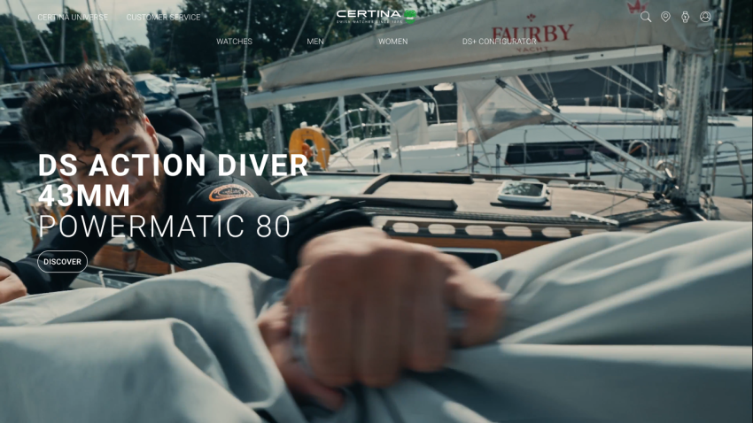 Sailboat on water with man adjusting ropes, showcasing DS Action Diver 43MM Powermatic 80 watch