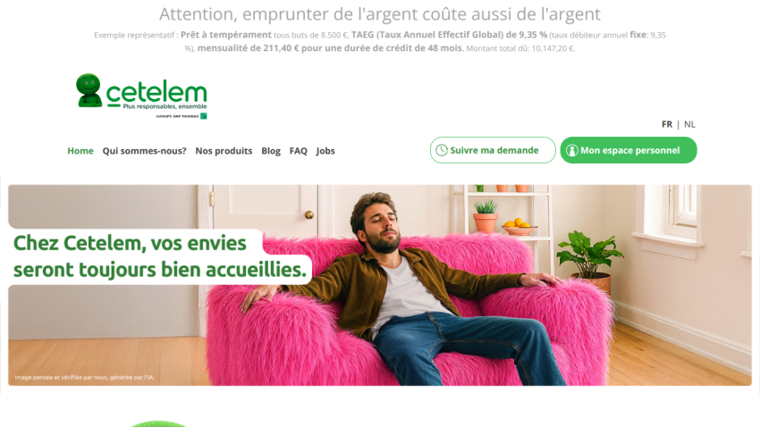Cetelem homepage with navigation and a hero image of a man relaxing on a bright pink sofa, promoting welcoming financial services.