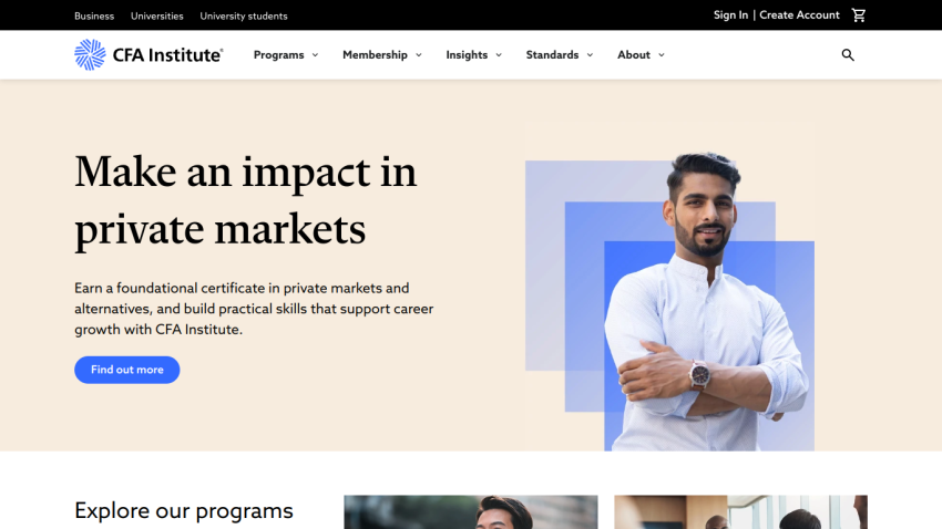 CFA Institute homepage promoting private market impact with a call to action.