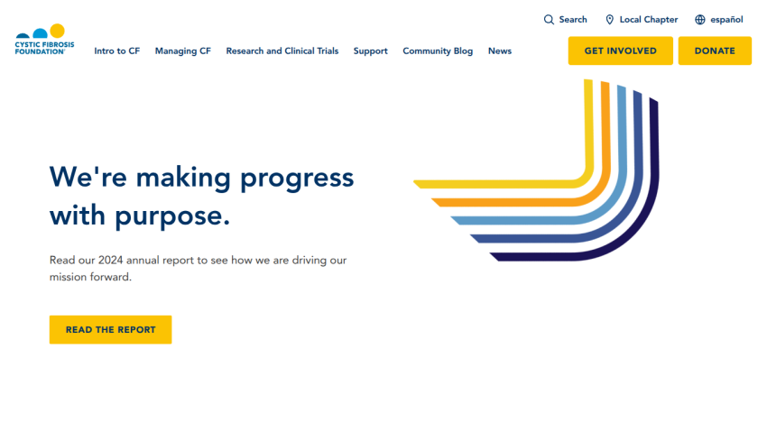 Homepage featuring a message about progress with a call to read the annual report.