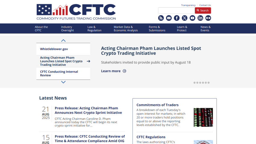 CFTC homepage featuring news on crypto trading initiatives and latest updates.