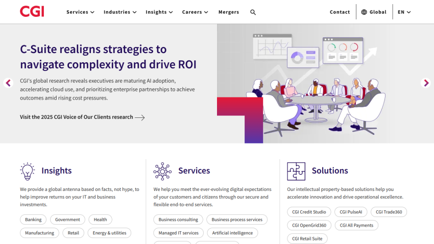 CGI website showcasing insights, services, and solutions for C-Suite executives.