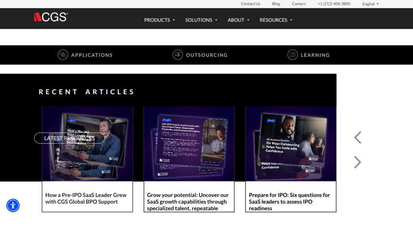 CGS website header with navigation and recent articles on SaaS growth and IPO readiness.